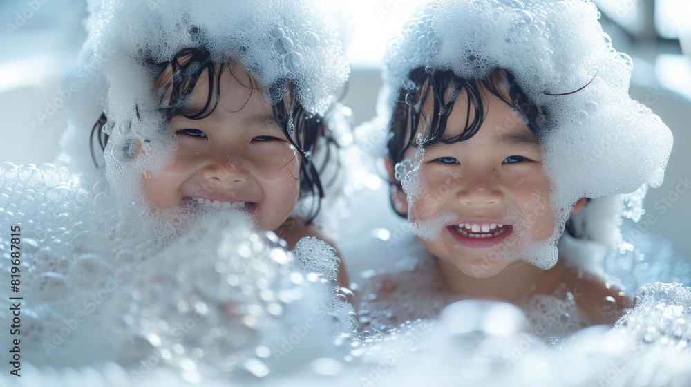 Happy Asian kids in a bubble bath, hair covered in soapy foam, bright smiles and clear skin, isolated on white with soft bokeh, ideal for shampoo advertisement Happy Asian kids in a bubble bath, hair covered in soapy foam, bright smiles and clear skin, isolated on white with soft bokeh, ideal for shampoo advertisement
