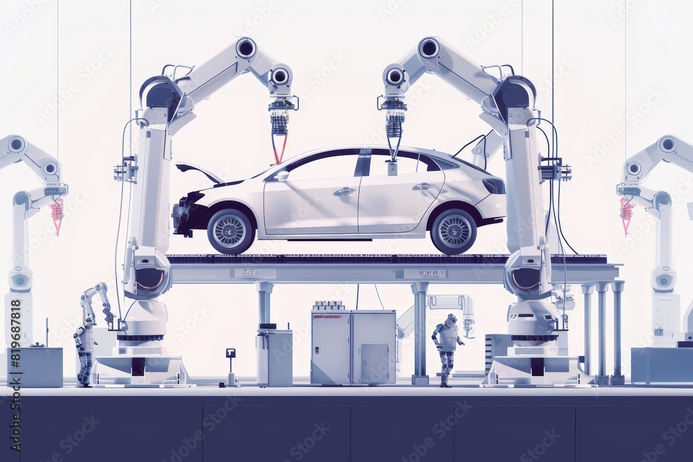 Industrial robots assembling modern passenger car on white background at production factory Industrial robots assembling modern passenger car on white background at production factory
