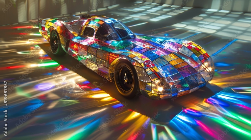 race car with a body made entirely of stained glass casts colorful ...