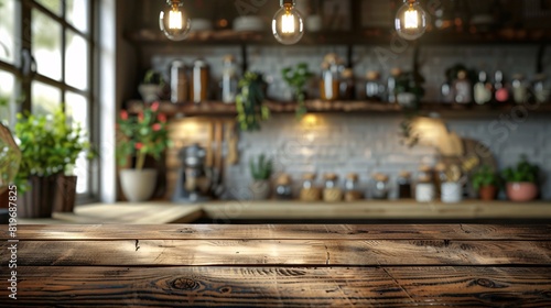 Wood table top on a blurred kitchen background  perfect for product display or design mockup  with a cozy and inviting atmosphere