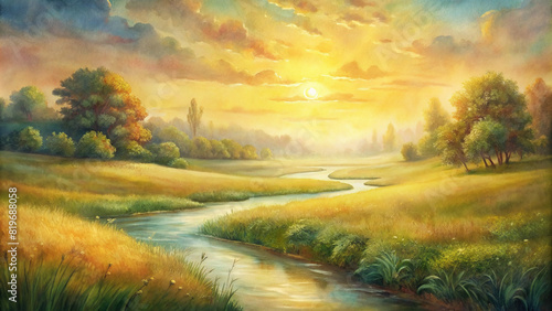 A peaceful meadow bathed in golden sunlight, with a gentle stream winding through the lush grass.