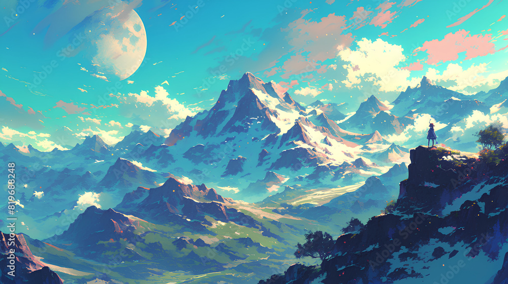 View of high mountains and fantasy moon View of high mountains and fantasy moon