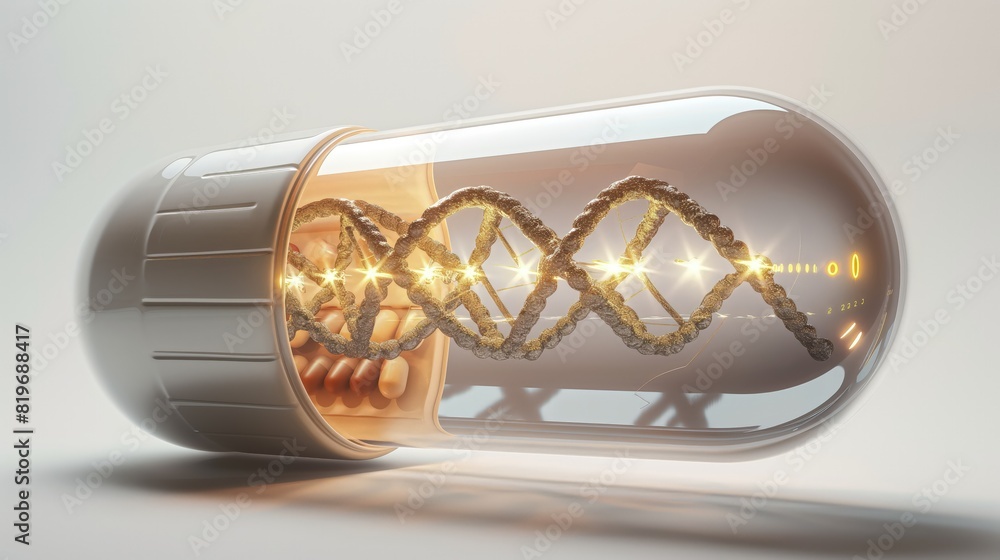 A conceptual 3D-rendered image of a large, luminous medical capsule, magnifying the details of the DNA helix inside, set against a stark white background for contrast. A conceptual 3D-rendered image of a large, luminous medical capsule, magnifying the details of the DNA helix inside, set against a stark white background for contrast.