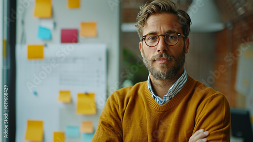 The businessman standing confidently in front of a whiteboard, explaining his ideas with passion and determination.