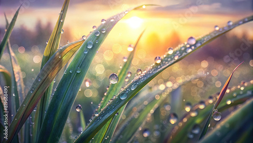 A close-up of dewdrops glistening on blades of grass in the early morning light, showcasing the beauty of nature. photo