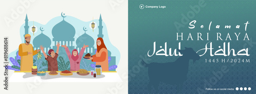 Elegant Eid al Adha Mubarak Banner. Designed with Moslem Family Celebrating and Eating Together and Eid Al-Adha Arabic Typography. Selamat Hari Raya Idul Adha 1445 H. Vector Illustration