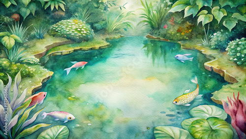 A watercolor painting of a tranquil pond surrounded by lush vegetation, with colorful koi fish swimming gracefully in the water.