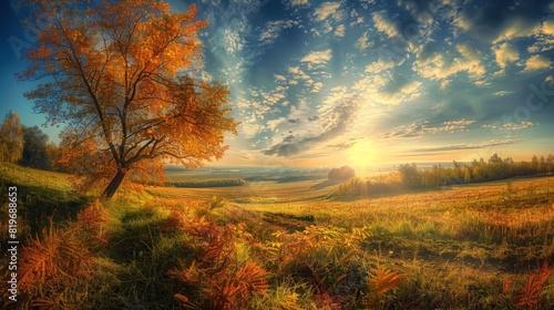 Enchanting autumn landscape. sunny panoramic view of rural idyll in the beautiful fall season