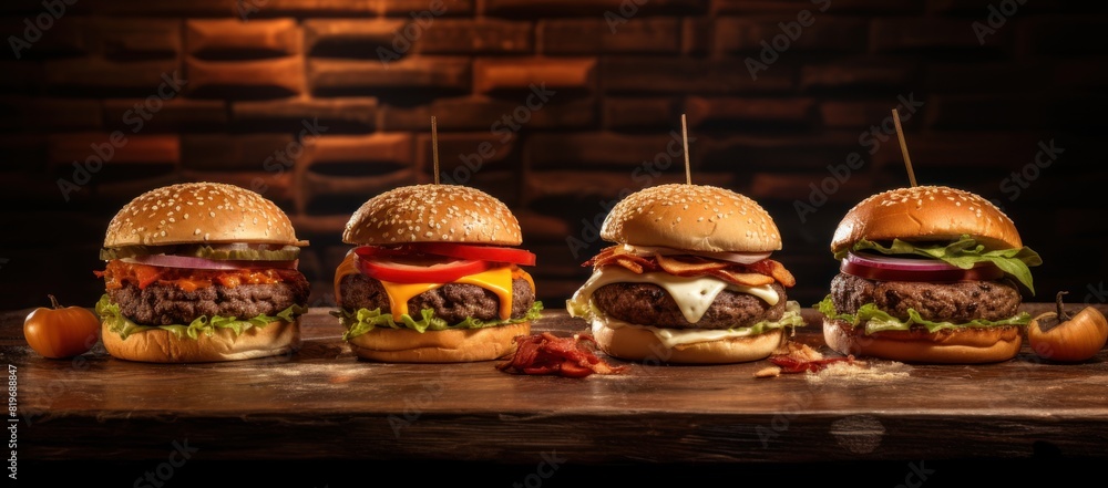 delicious burgers with cheese, vegetables, on warm backgrounds.