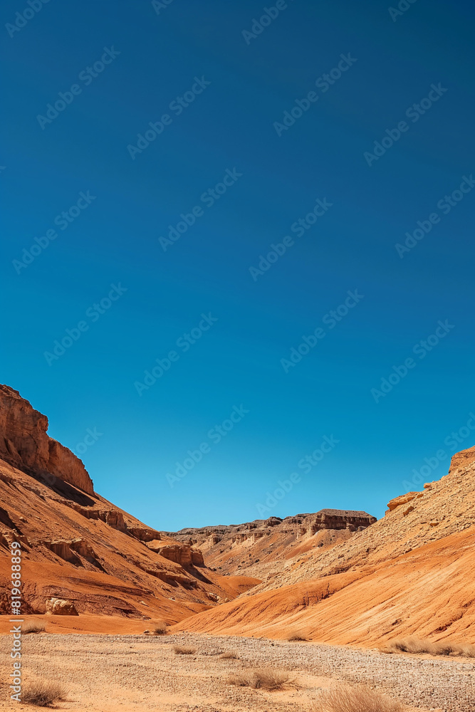 landscape in the desert with orange rocks, desert canyon, sandstone mountains, clear blue sky, photorealistic // ai-generated landscape in the desert with orange rocks, desert canyon, sandstone mountains, clear blue sky, photorealistic // ai-generated