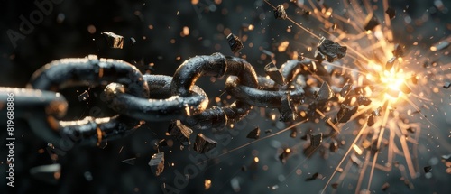 Close-up of a breaking chain under pressure with sparks and debris flying; symbolizing strength, freedom, and resilience. photo