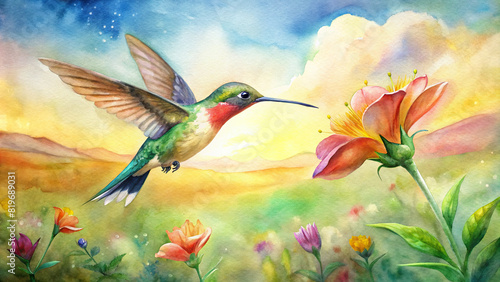 A close-up of a colorful hummingbird sipping nectar from a vibrant flower in a sunlit meadow  with a watercolor-painted sky in the background