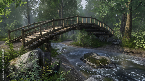 A wooden bridge arching over a babbling brook, its weathered planks blending seamlessly with the surrounding forest landscape.