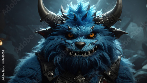  a blue furry monster with big white teeth and horns. 