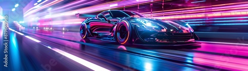 Futuristic race car charging past neon lights and holographic advertisements in a city racetrack © Atthasit