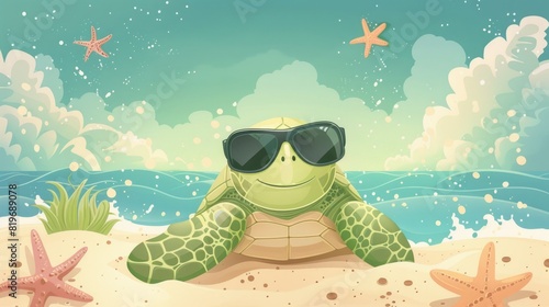 Cute funny cartoon turtle on the beach wearing sunglasses design with a playful and charming summer vibes
 photo