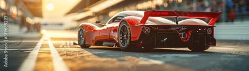 Sleek red race car with prominent rear wing parked on a sunny pit lane photo