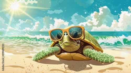 Cute funny cartoon turtle on the beach wearing sunglasses design with a playful and charming summer vibes
 photo