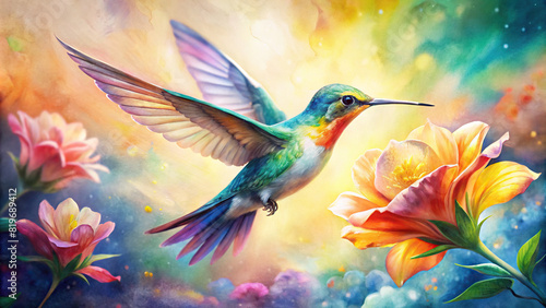 A close-up of a vibrant hummingbird hovering near a colorful flower in a sunlit garden  with its iridescent feathers shimmering in the light.