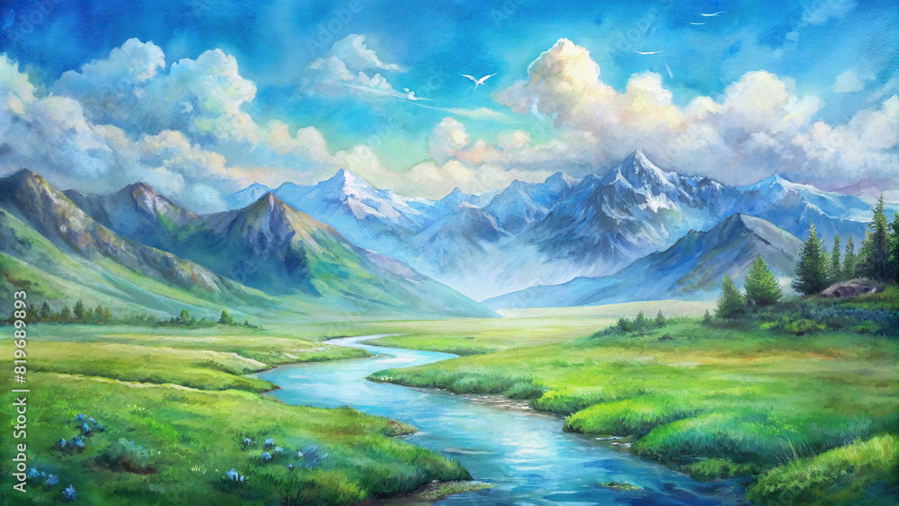 A picturesque scene of a tranquil meadow nestled between rugged mountains, with a clear stream meandering through the verdant landscape under a vibrant blue sky adorned with fluffy white clouds