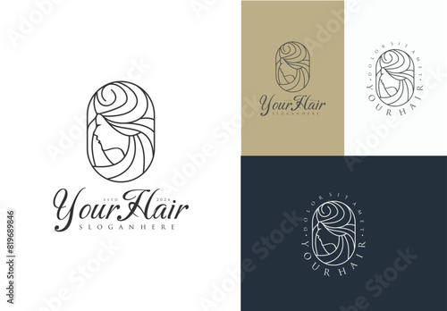 Natural Beauty Woman Long Hair Logo For Salon Or Cosmetic Product With Line Art Style