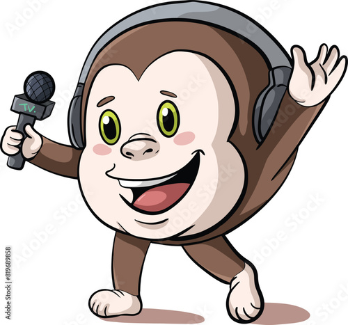 cartoon design of cute monkey mascot being a smiling announcer wearing a headset and mic.eps