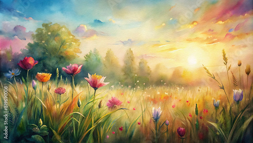 A captivating watercolor illustration of a lush meadow teeming with colorful flowers, with a gentle breeze causing the tall grasses to sway rhythmically under the warm glow of the afternoon sun photo