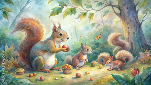 An enchanting woodland scene with a family of squirrels foraging for acorns in a dappled meadow, rendered in a watercolor painting style photo
