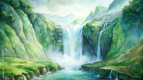 An expansive panorama of a picturesque waterfall cascading down a mossy cliff into a crystal-clear pool below  with lush greenery framing the scene