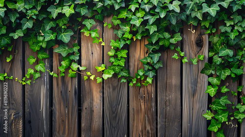 A wooden fence adorned with vibrant green ivy, blending natural textures with lush foliage for a picturesque scene.