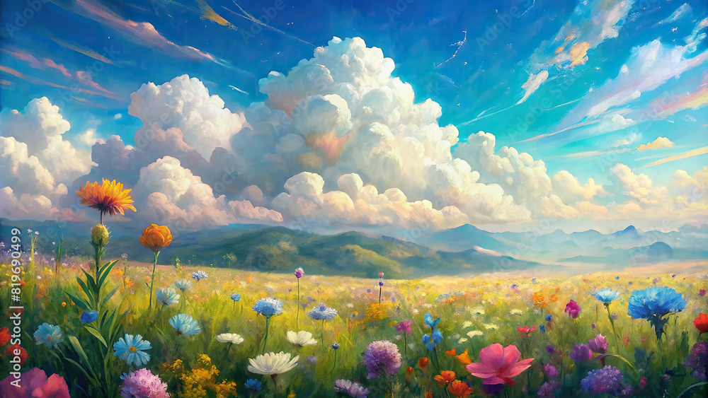 A picturesque meadow blanketed with colorful wildflowers, with fluffy clouds drifting lazily across a bright blue sky, creating a dreamy and idyllic atmosphere