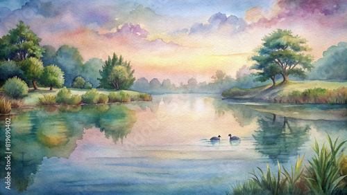A tranquil riverside landscape with ducks swimming peacefully in the water  surrounded by lush greenery and a watercolor sky reflected in the gentle ripples