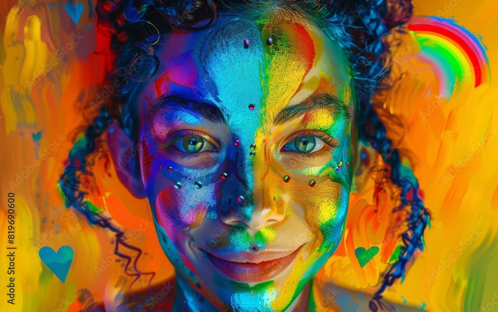 Vivid portrait of a person with colorful face paint, expressing creativity and joy with vibrant colors and artistic details.