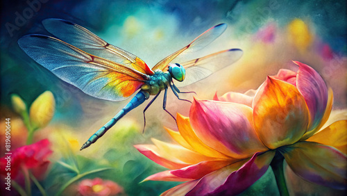 Close-up of a vibrant dragonfly perched on a colorful flower, with the soft focus of the background giving the scene a watercolor-like dreamy quality © Woonsen