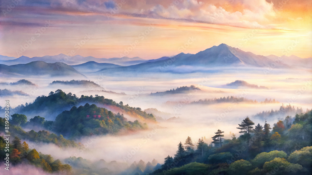 A panoramic view of a misty morning in the mountains, with the soft pastel colors of dawn casting a beautiful watercolor effect over the landscape