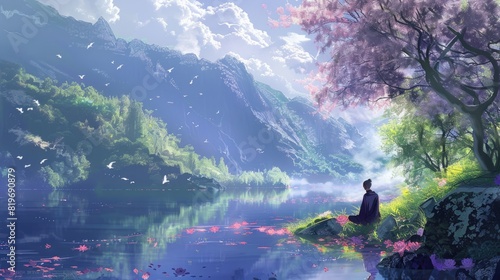 Digital anime style art painting depicting a serene scene of a man sitting with flowers by a beautiful lake surrounded by nature's tranquility 