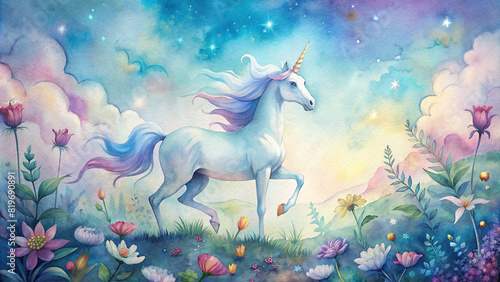 A dreamy illustration of a unicorn prancing through a magical meadow filled with colorful flowers and butterflies, painted in soft watercolor tones photo