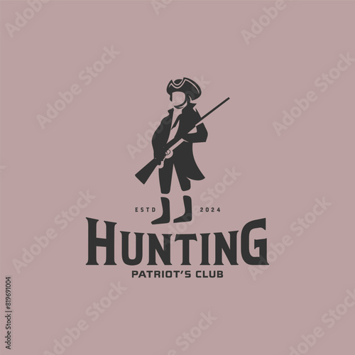 Vintage American Revolution War Soldier with Long Rifle Musket Logo Design