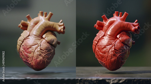 A side-by-side comparison of a real heart and a digital heart model, both showing the same beating rhythm. Dynamic and dramatic composition, with cope space