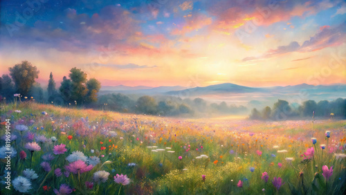 A panoramic view of a serene countryside meadow dotted with blooming wildflowers  with the soft colors of dawn creating a watercolor painting-like effect in the sky