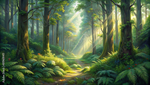 A tranquil forest glade with sunlight streaming through the canopy, illuminating a carpet of lush green moss and ferns, creating a serene and enchanting atmosphere photo