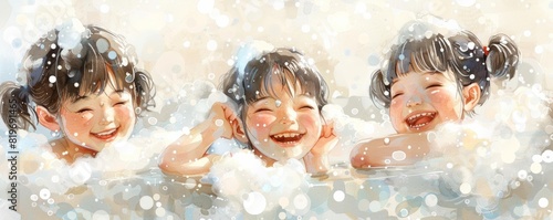 Radiant Asian children in a bubblefilled bath, soapy foam in hair, clear glowing skin, laughing joyfully, on a white background with bokeh, perfect for skincare ad photo