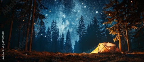 Serene night camping under a starry sky in a forest, with a glowing tent providing a cozy refuge amidst tall trees and natural beauty. photo