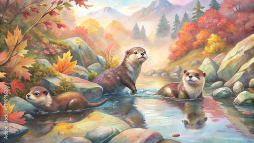 Playful otters frolicking in a clear mountain stream, with the vibrant colors of autumn foliage reflected on the water's surface, resembling a beautiful watercolor painting