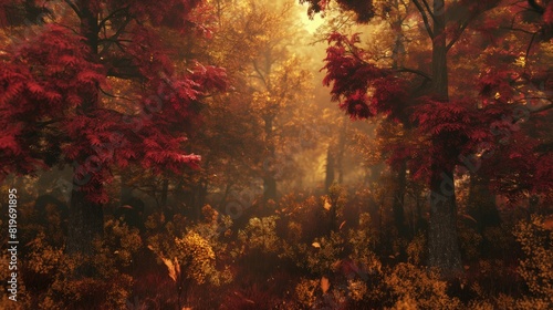 A dense forest in autumn, the foliage in shades of red and gold, viewed through a gradient multilayer glass, 3D rendering. 32k, full ultra HD, high resolution photo