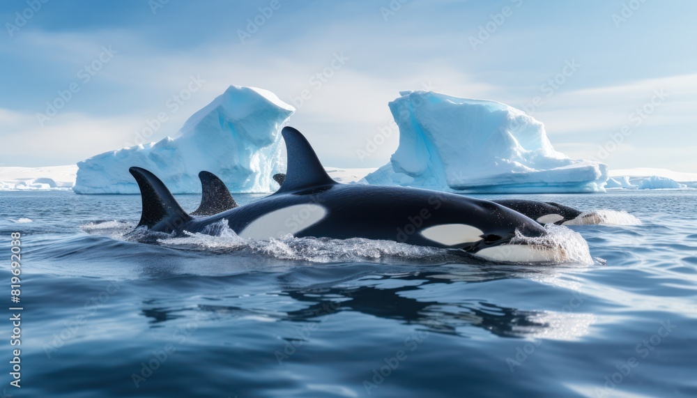 Fototapeta premium Groups of Orcas or killer whales swim and hunt for prey, the top of the food chain in a sea of ice floes