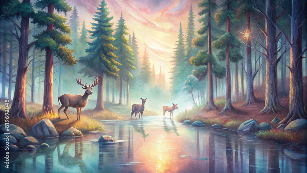 An enchanting forest scene with a family of deer grazing peacefully amidst towering trees, their reflections shimmering in a crystal-clear stream under the soft light of the setting sun