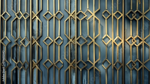 A detailed geometric gold metal grill gate is set against frosted glass panels in natural daylight