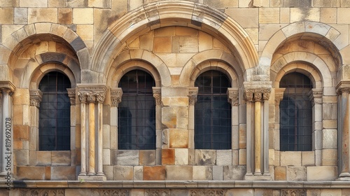 Ancient building featuring four arched windows, showcasing historical architecture and intricate design