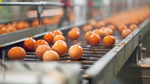Efficient production Chicken eggs moving on conveyor belt at poultry farm, part of the streamlined production process
 photo